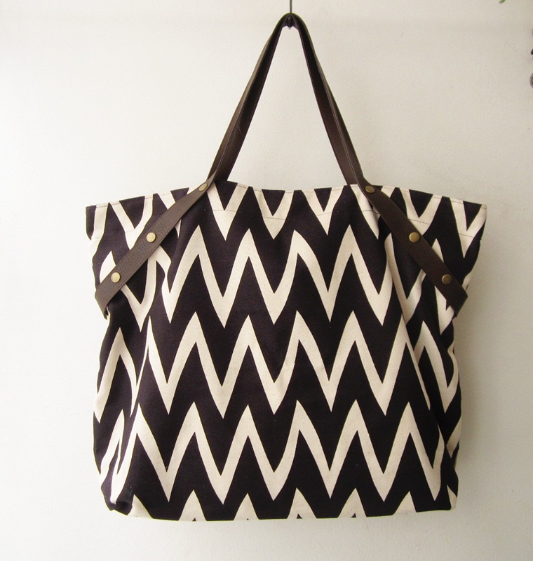 Tote Bag, Chevron Canvas Tote Bag, Extra Large Summer Tote, Large Nautical Tote ,with Leather ...